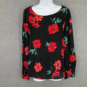 Express Womens Black Red Floral Long Sleeve Button Cuff‎ Blouse Top Size M